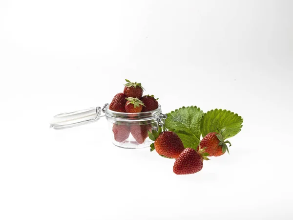 Glass Preserving Jars Strawberries Bright Background — Stock Photo, Image