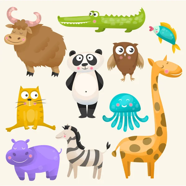 Zoo animals set. Panda,yak, crocodile, giraffe, owl, hippo, fish, zebra — Stock Vector