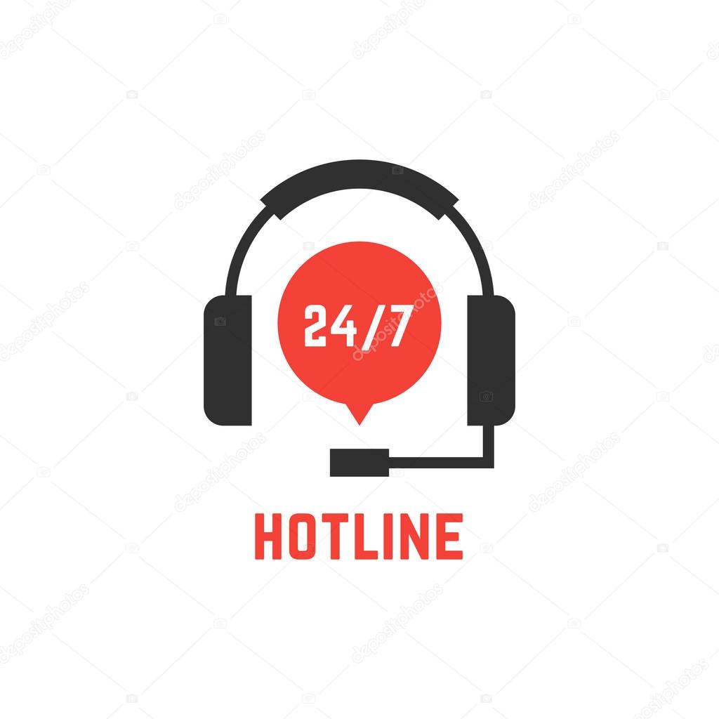 Nonstop hotline support with headphones. concept of telemarketing, professional, secretary, live feedback. isolated on white background. flat style trend modern logotype design vector illustration