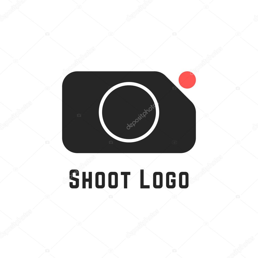 Shoot logo with simple camera sign. concept of cameraman, camera icon, action camera, studio, recorder, rec cam. isolated on white background. flat style trend modern brand design vector illustration