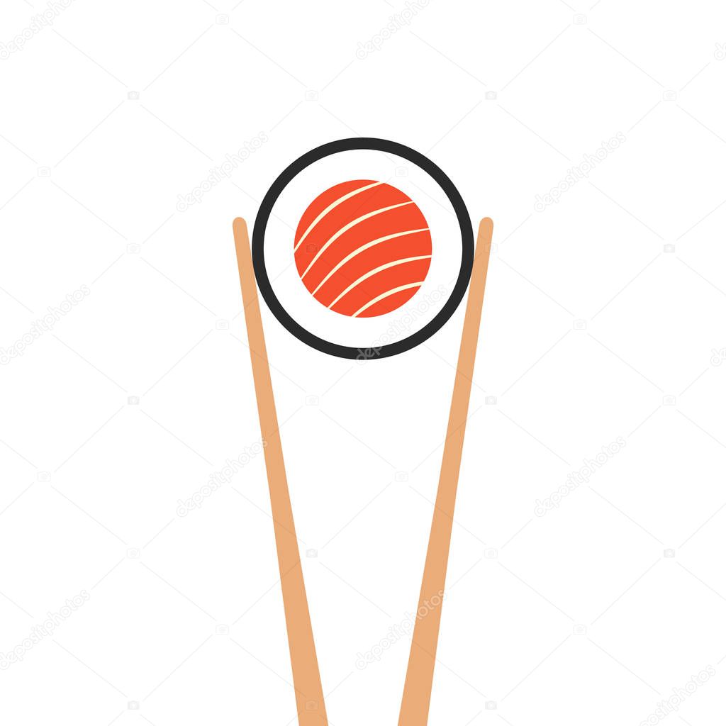 chopsticks holding sushi roll