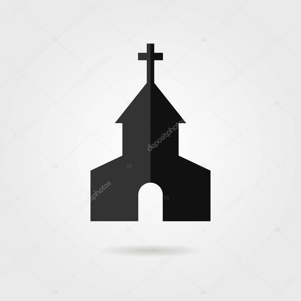 Simple black church icon with shadow. concept of rural sanctuary, orthodox prayer, funeral landmark, sacrament. isolated on gray background. flat style trend modern logo design vector illustration