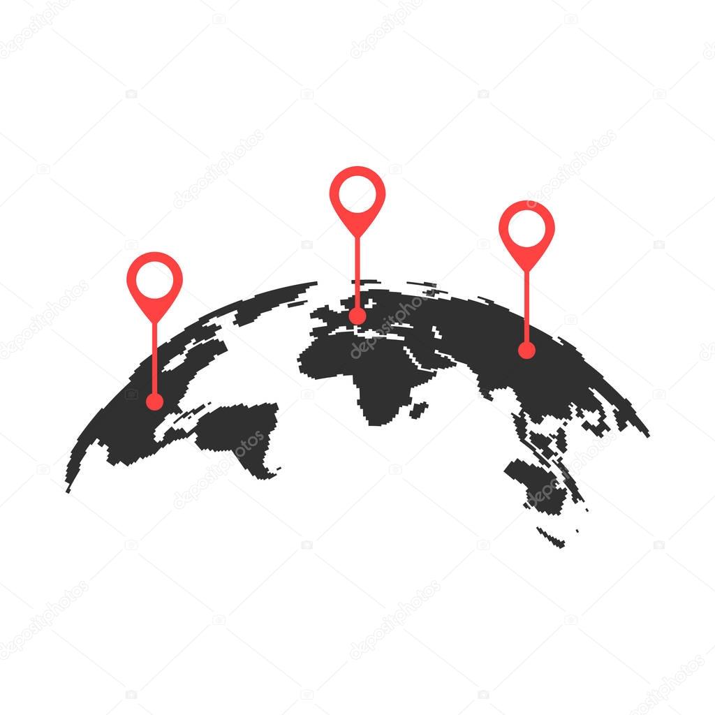 curved world map with red pins