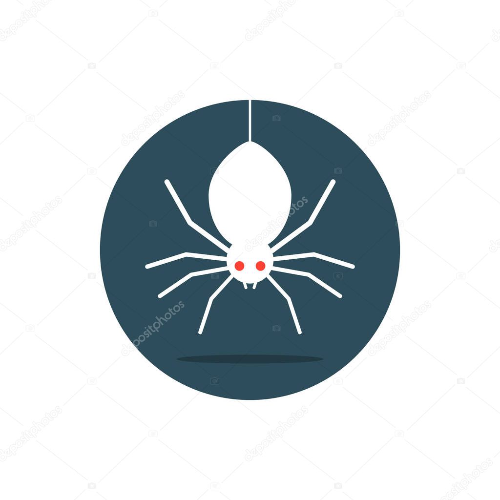 White spider hanging in circle. concept of fright, spidery, crawly, evil, gossamer, halloween holiday, round mark. isolated on white background. flat style trend modern logo design vector illustration