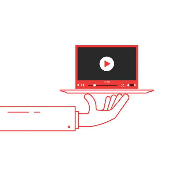 Rote dünne Linie Hand hält Videoplayer auf Schüssel — Stockvektor