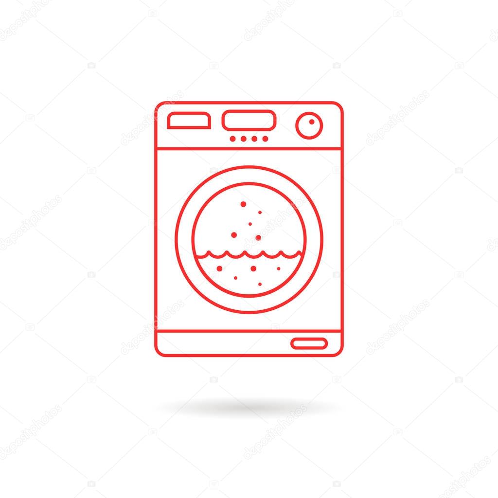 Red thin line washing machine. concept of launder, fresh apparel, cleanliness, neatness, dryer, powder, laundry room. linear style trend modern logo design vector illustration on white background
