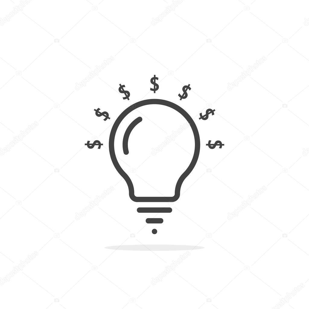 Thin line bulb with dollar sign. concept of investor, research, currency, venture, development, donate, sponsor. flat style trend modern company logotype design vector illustration on white background