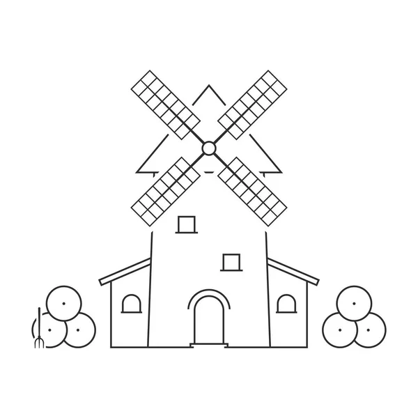 Moulin à vent à ligne mince avec des meules de foin — Image vectorielle