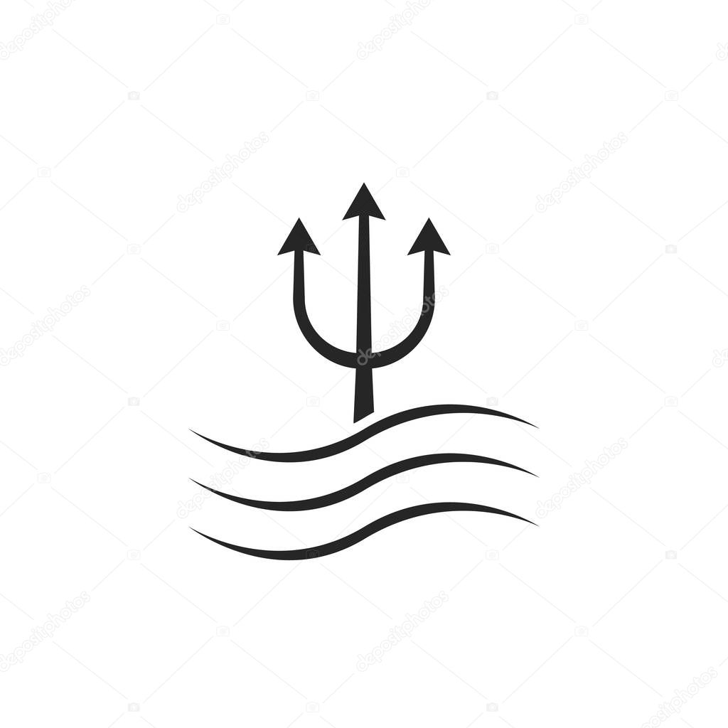 Black trident icon with waves. concept of creative visual identity, horror, nautical, lance, authority, force. flat style trend modern trident logo brand design vector illustration on white background