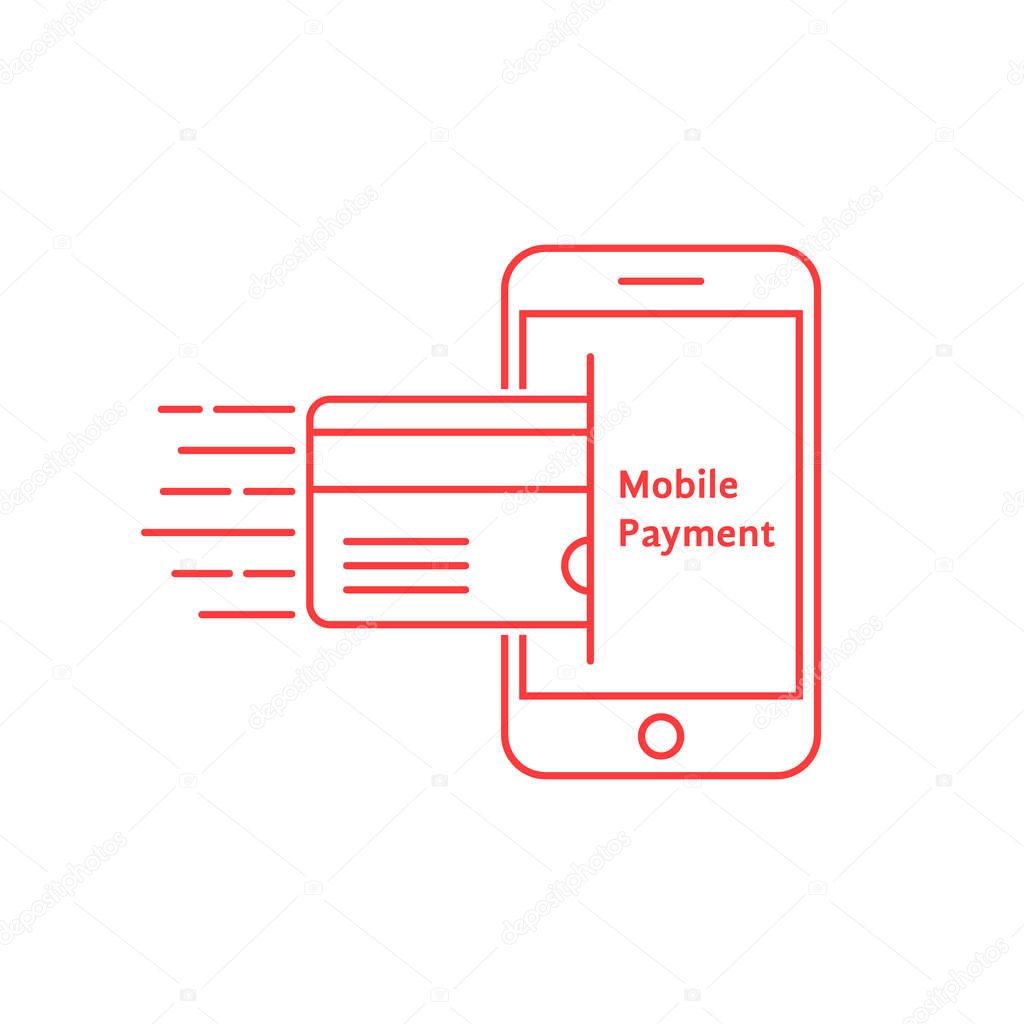 Red thin line phone like mobile payment. concept of debit, personal deposit, m-commerce, customer, retail, wireless. flat style trend modern logotype design vector illustration on white background