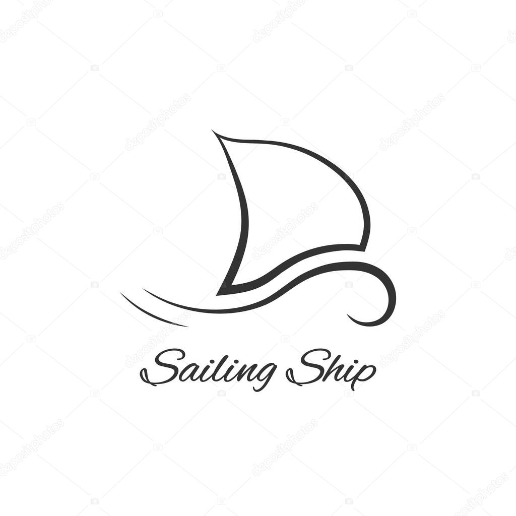 Black sailing ship logo. concept of cruiser, hand drawn art, liner, speed, naval, well-being, pleasure boat, race. flat style trend modern brand graphic design vector illustration on white background