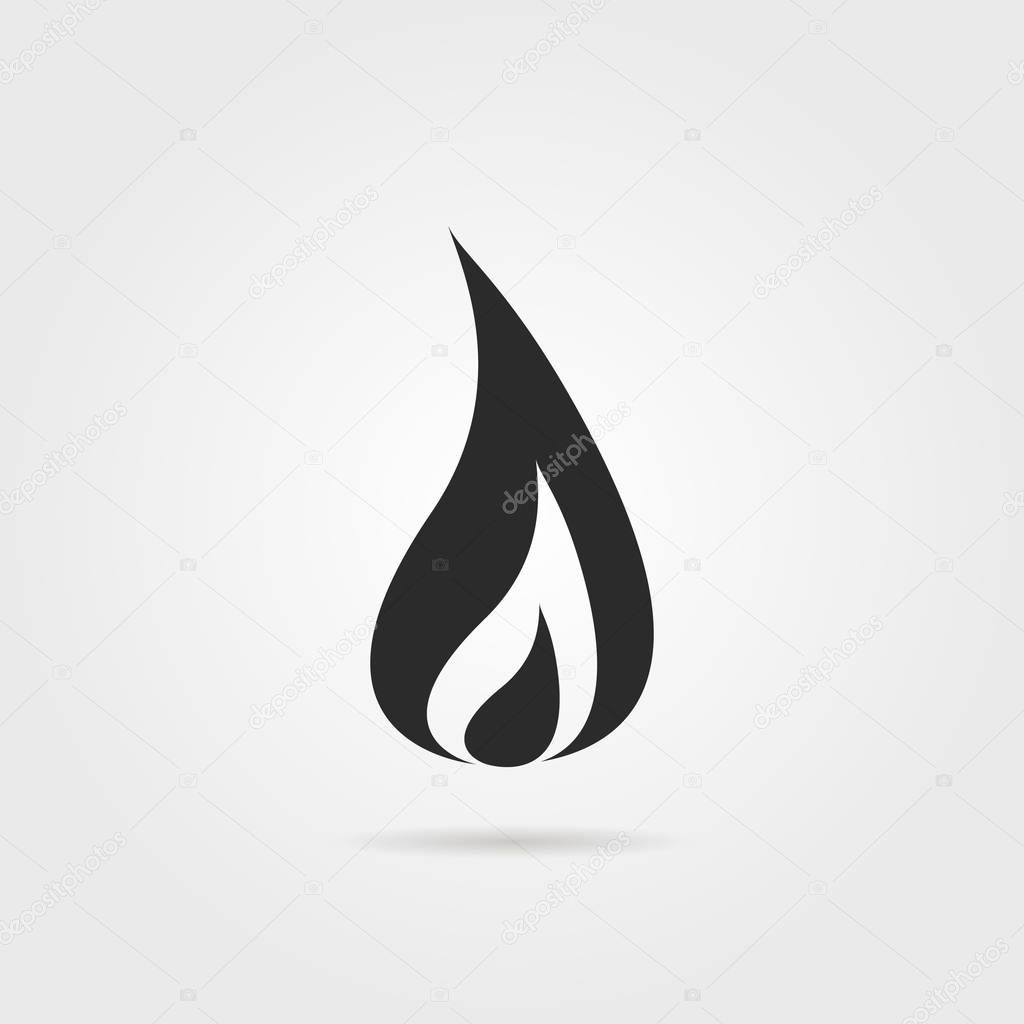 Black fire logo with shadow. concept of accident, fiery, visual identity, fireball, flaming, combustion, ignition, inflammation. flat style trend brand design vector illustration on gray background