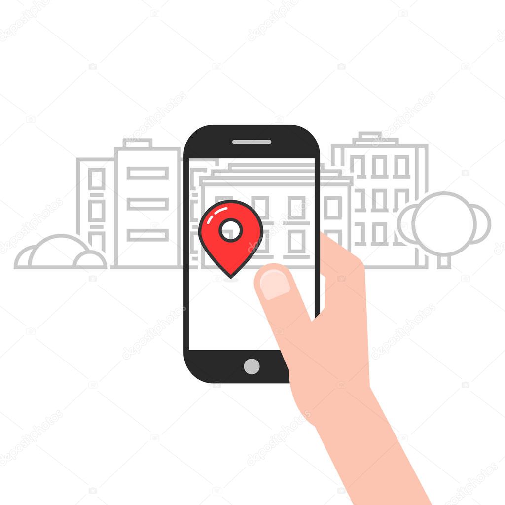 Geo location service mobile app. concept of ar, house tag, popular journey, explore, market, catch, tracking, adventure. flat style trend modern logo design vector illustration on white background