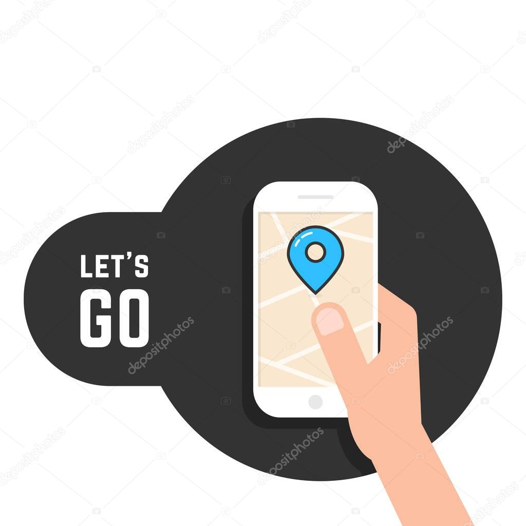 Lets go like mobile game. concept of mapping, cartography tag, tracking, going, geolocation, roadmap, traffic, tour, player. flat style trend modern logo design vector illustration on white background