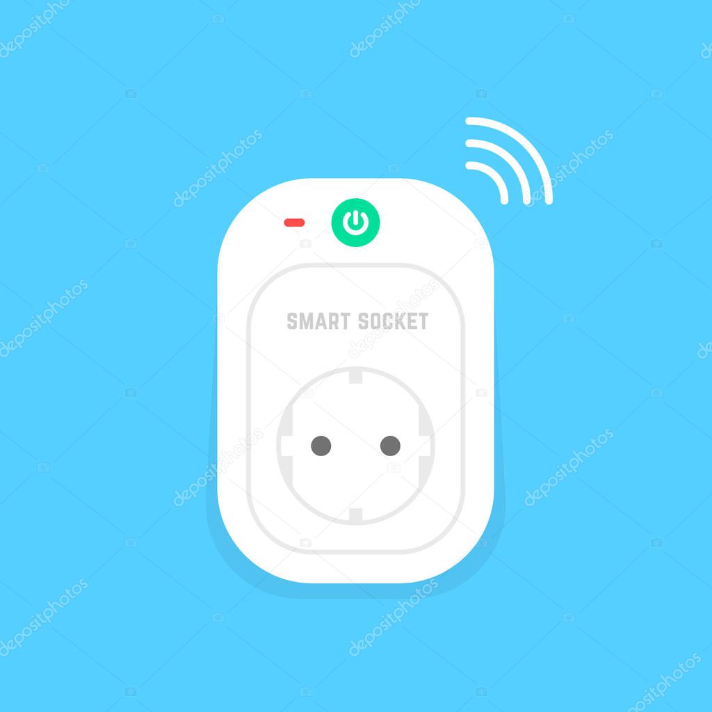 White smart power socket icon. concept of charger, electrical device, insert, adaptor, hardware, router, power supply, circuit. flat style trend modern logo graphic design on blue background