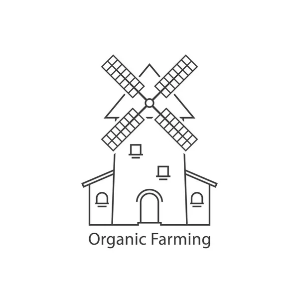 Línea delgada logotipo de agricultura ecológica con molino de viento — Vector de stock