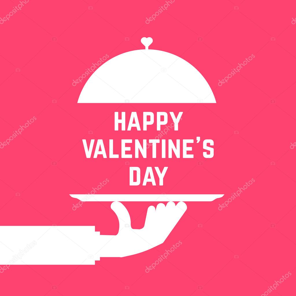 Happy valentine day like serving hand. concept of luxury dining, silverware cloche, gourmet, rendezvous, foodie, lunch symbol. flat style trend modern logotype graphic art design on pink background