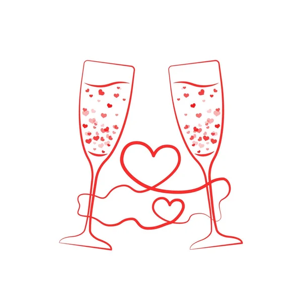 Champagne glass hearts with red ribbon — Stock Vector