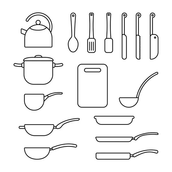 Línea delgada conjunto de utensilios de cocina — Vector de stock