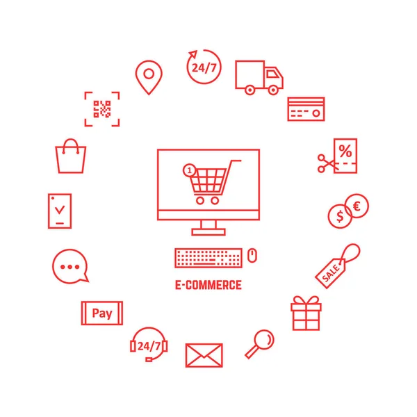 Cienka linia czerwone ikony dla e-commerce — Wektor stockowy