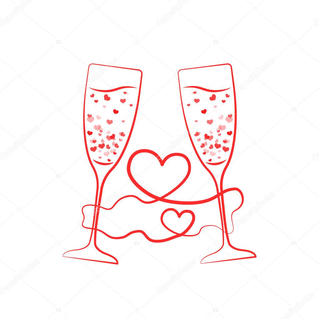 Champagne glass hearts with red ribbon. concept of fizz beverage, contour, fun event decoration, bubbly, meeting lovers thin line sketch style trend drawing logotype graphic design on white background