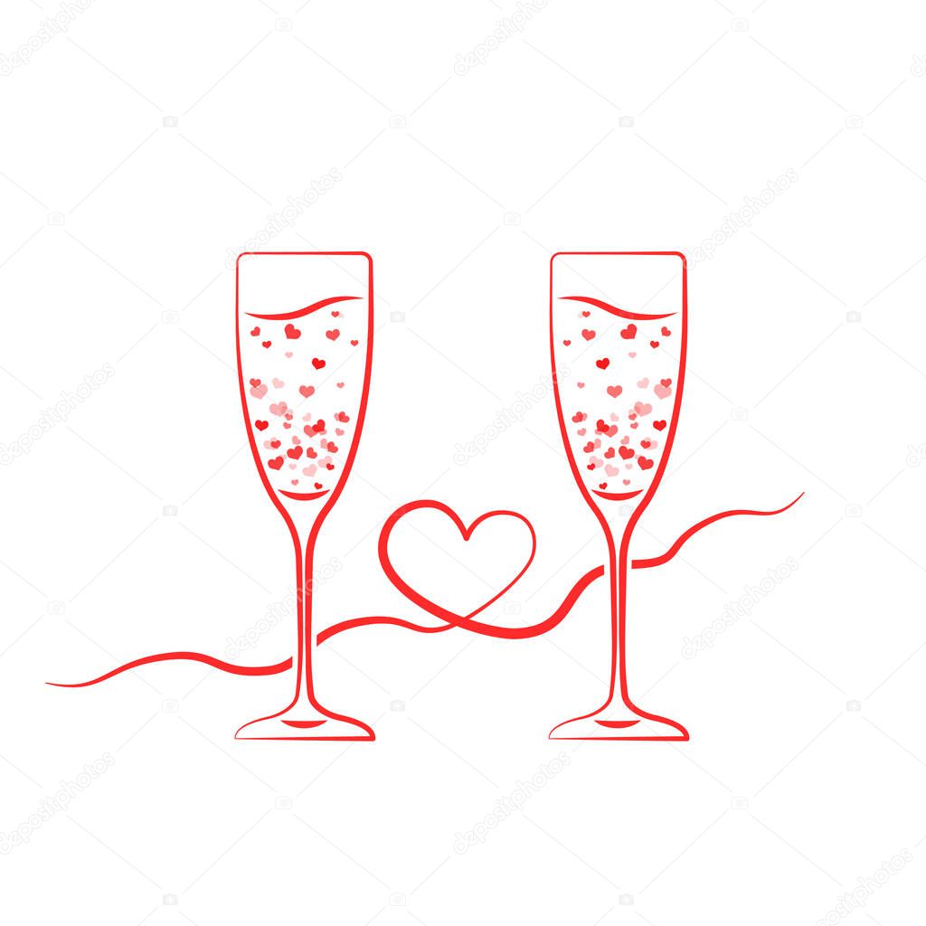 Red champagne glass hearts with ribbon. concept of fizz beverage, contour fun event decoration, bubbly, romantic meeting. thin line sketch style trend drawing logotype graphic design white background