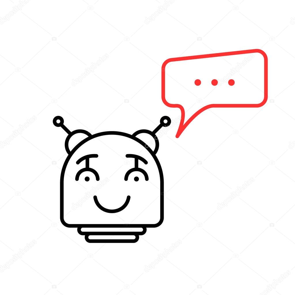 Simple thin line chatbot logo. concept of chatting, fun robotic face, interaction ai sms script, notice, smiley, mobile speak. linear style trend logotype graphic design element on white background