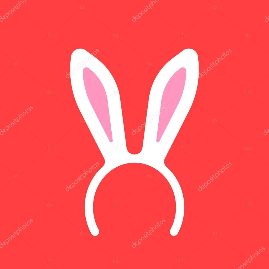 White bunny ears mask logo. decorative fur earpiece seasonal toy or festival unusual element of clothing concept on red background. celebrate flat style trend modern logotype graphic art design