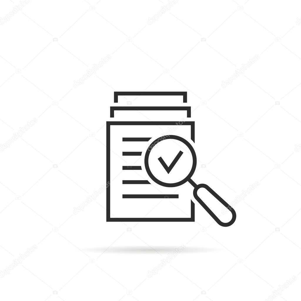Magnifying glass like check assess. scrutiny plan, verify service critique process and annual examination concept. flat style logotype graphic design quality sign or success proven on white background