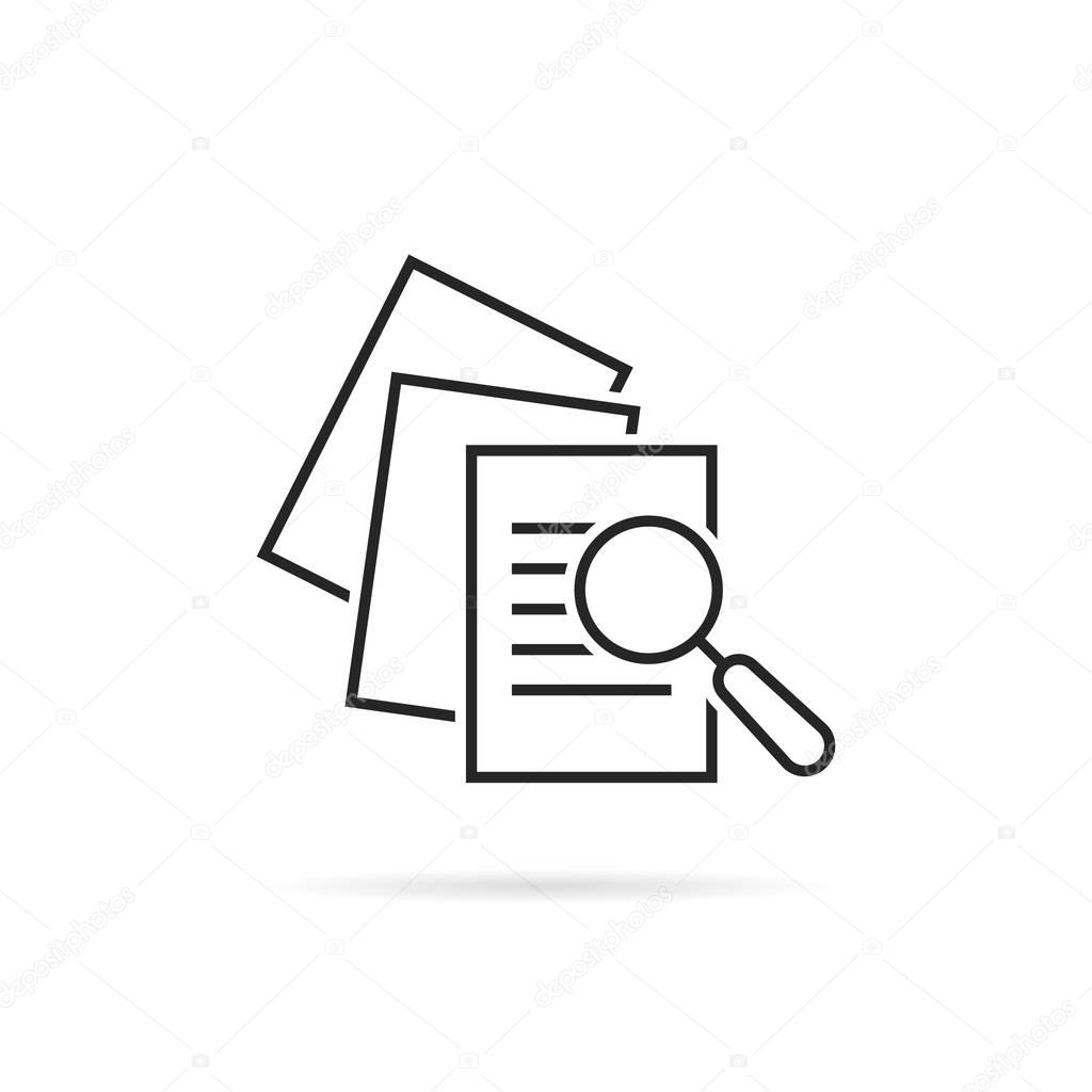 Business scrutiny assess with glass. concept of plan, success proven, verify service, critique process and investment risk. flat logotype annual quiz examination graphic art design on white background