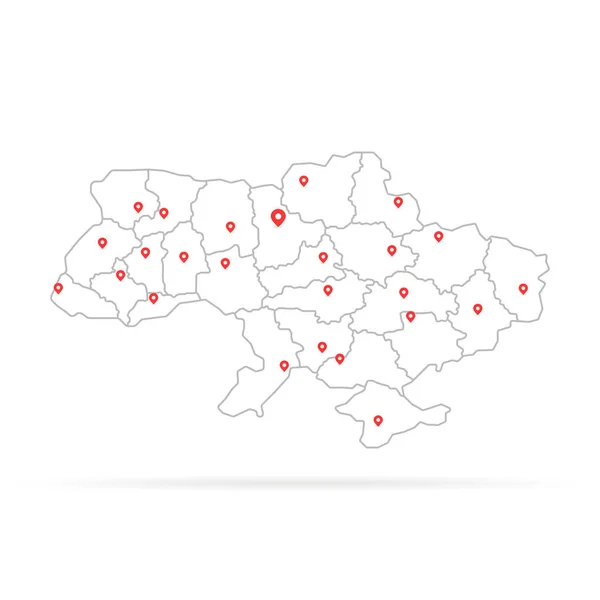 Enkel tunn linje Ukraina med röd kartnål — Stock vektor