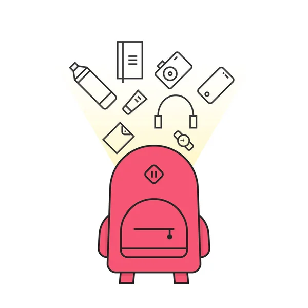 Linearer rosa Rucksack mit persönlichen Gegenständen — Stockvektor