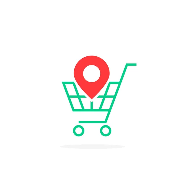 Ícone de geotag vermelho com carrinho de compras verde — Vetor de Stock
