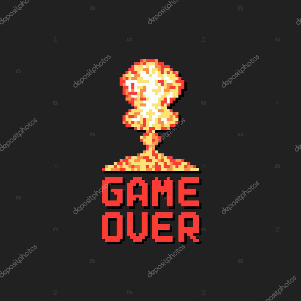 Game over with pixel art explosion. concept of level final in virtual gaming or classic user interface for online videogames in pixelart style