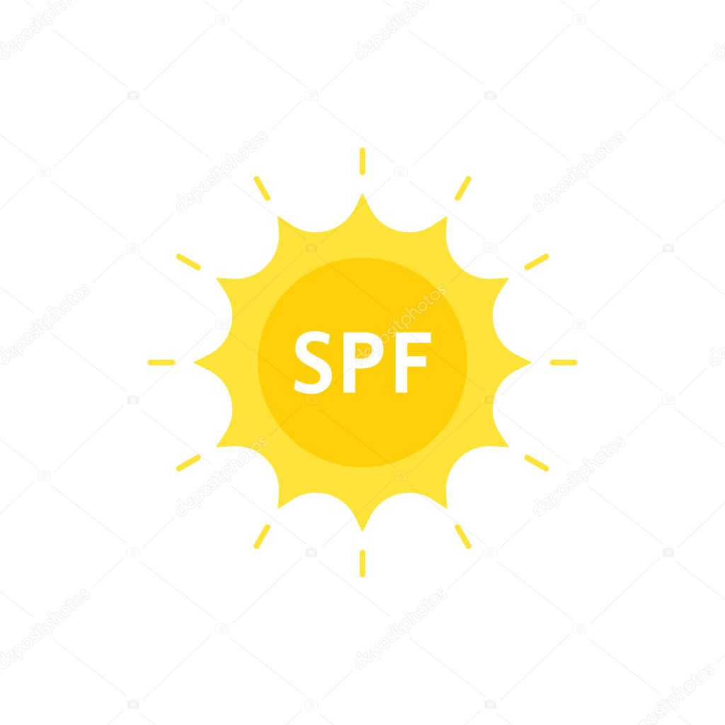 Spf like sun protection factor on sun logo. flat style logotype graphic design on white background. concept of yellow emblem for cosmetic tube with lotion or spray and symbol of body care in vacation