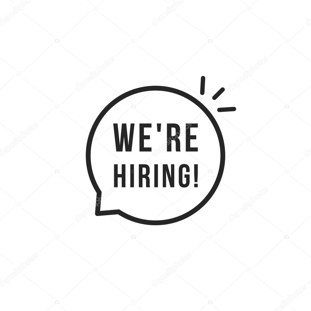 Black thin line we are hiring logo. concept of recruiter online conversation with job candidate or head hunting. flat linear style logotype template graphic art design isolated on white background