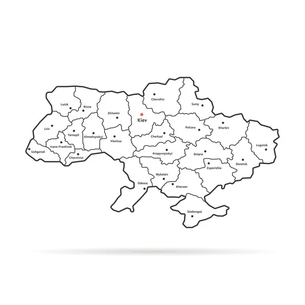 Černá tenká linie Ukrajina mapa regionálních center — Stockový vektor