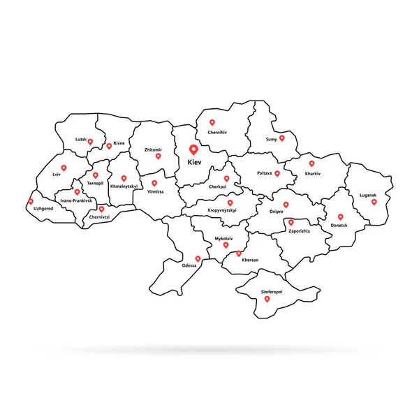 Pino de mapa ucraniano linear com centros regionais —  Vetores de Stock