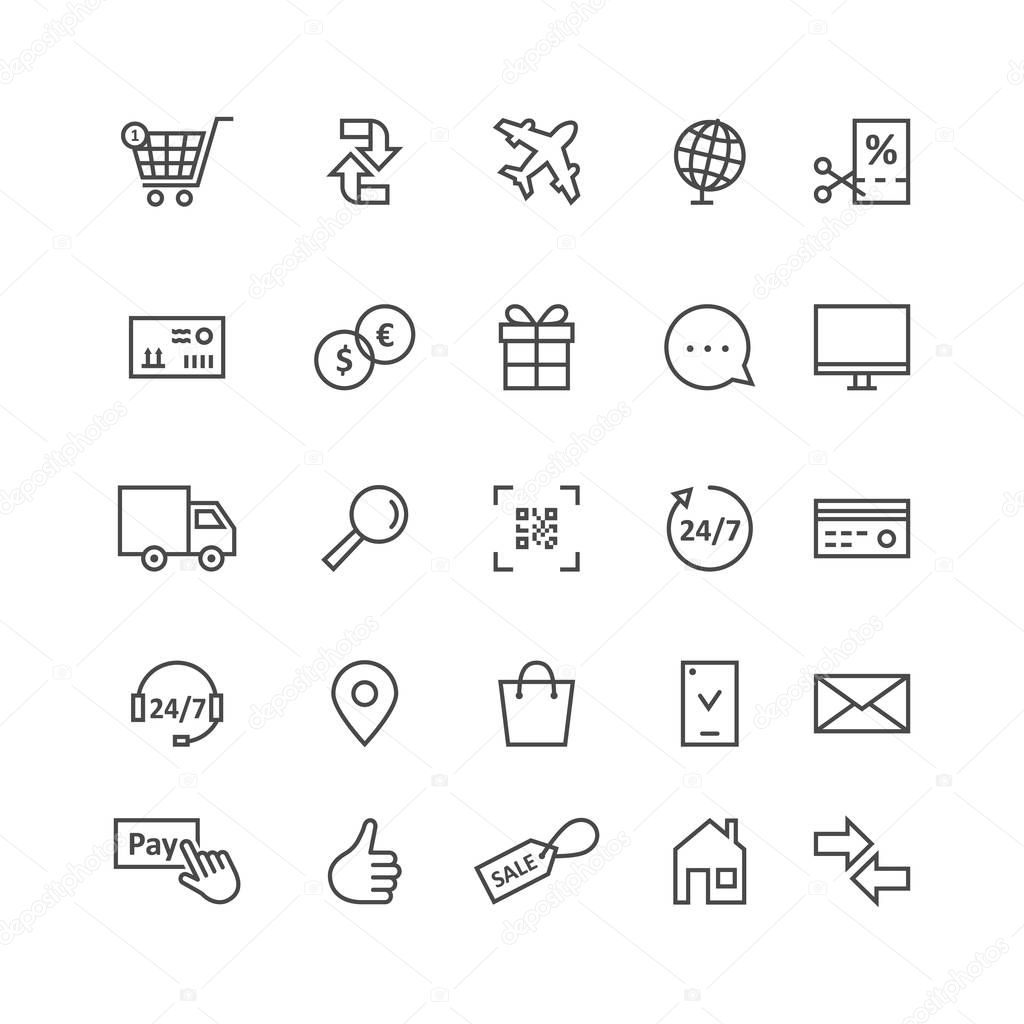 Simple black thin line icons for ecommerce and shopping. concept of supply of goods by air plane, website advertising and transaction process on white. stroke style like modern ui logo graphic design