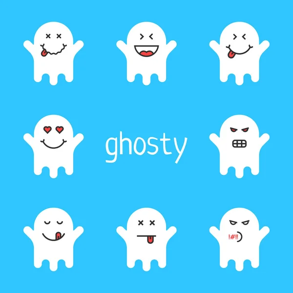 Set di emoji fantasma bianco su sfondo blu — Vettoriale Stock