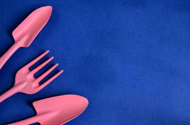Mavi arkaplandaki bitkilerle ilgilenmek için bahçe ekipmanı spatulası ve tırmık, uzayı kopyalamak için sol kenarda sıralanmıştır.
