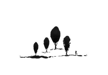 Beyaz arka planda mürekkeple çizilmiş ağaçların şekillendirilmiş çizimi.