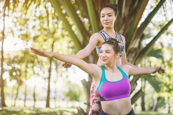 Yoga Mit Freund Grünen Park — Stockfoto