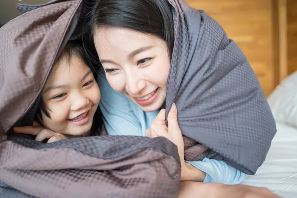 Mother Her Daughter Child Girl Playing Bedroom Putting Blanket Happy — Stock Photo, Image