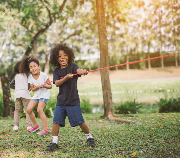 Crianças Felizes Jogando Rebocador Guerra Parque — Fotografia de Stock