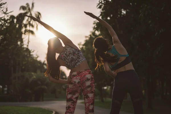 Genç Iki Bayan Arkadaş Parkta Fitness Antrenmanından Önce Antrenman Yapıyor — Stok fotoğraf