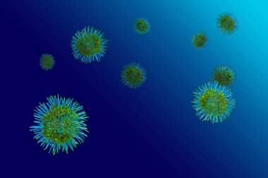 Koronovirüs OVID-19 konsepti, farklı boyutlarda mavi-yeşil renkli uçan küresel cisimler, farklı doygunlukta mavi arkaplan.