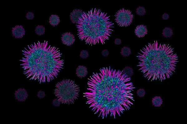 Концепция Covid Летающие Сферические Объекты Сине Фиолетового Цвета Символизирующие Вирусы — стоковое фото