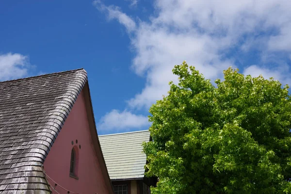 Mavi Gökyüzü Bulutlar Kıyı Tarzı Bir Çatı Bir Ağaç Üzerinde — Stok fotoğraf