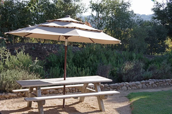Wooden Picnic Table Umbrella California Wine Country Warm Autumn Day Stock Image